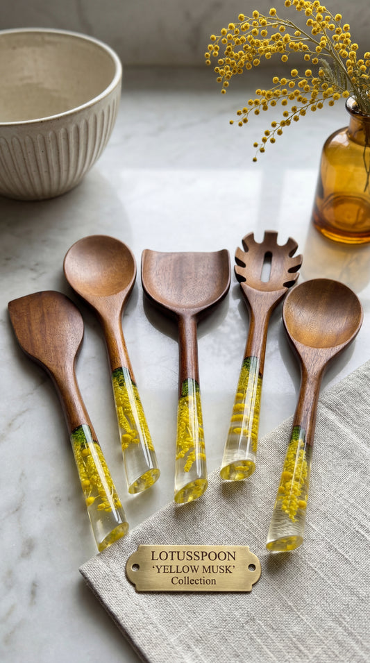 Yellow Musk Serisi 5 Parça Akasya Pişirme, Servis, Kaşık ve Spatula Mutfak Seti