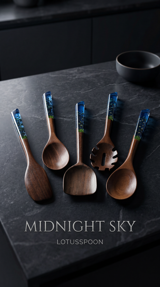 Midnight Sky Serisi 5 Parça Akasya Pişirme, Servis, Kaşık ve Spatula Mutfak Seti