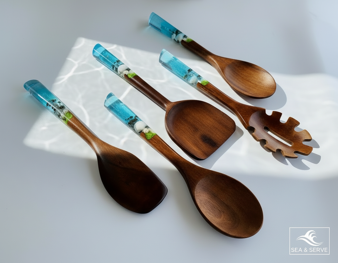Okyanus Serisi 5 Parça Akasya Pişirme, Servis, Kaşık ve Spatula Mutfak Seti