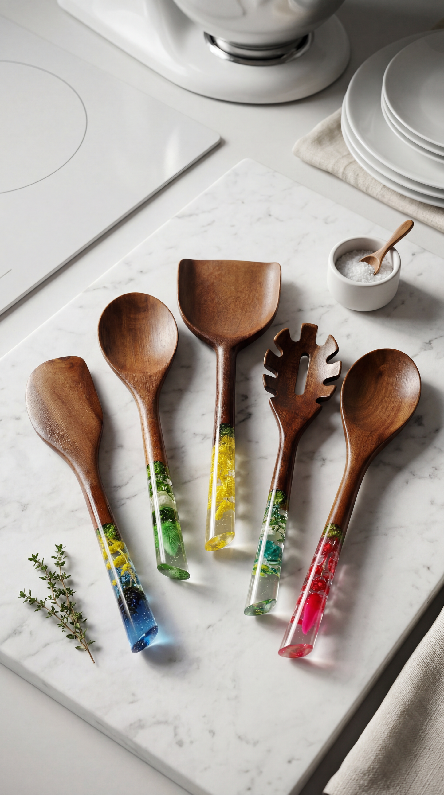 Rainbow Serisi 5 Parça Akasya Pişirme, Servis, Kaşık ve Spatula Mutfak Seti