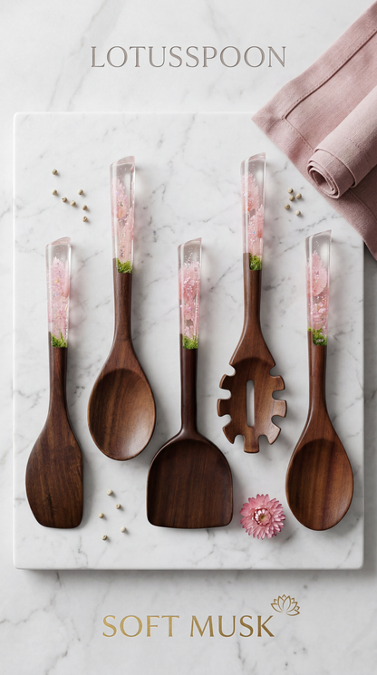 Soft Musk Serisi 5 Parça Akasya Pişirme, Servis, Kaşık ve Spatula Mutfak Seti