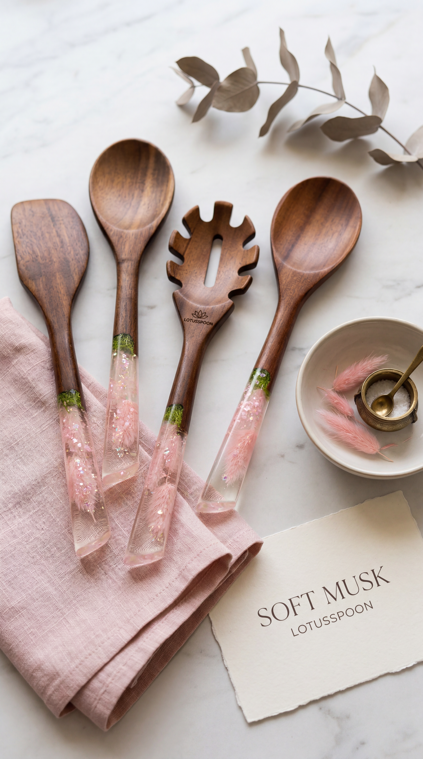 Soft Musk Serisi 5 Parça Akasya Pişirme, Servis, Kaşık ve Spatula Mutfak Seti