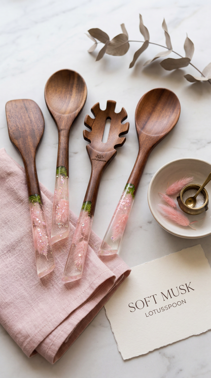 Soft Musk Serisi 5 Parça Akasya Pişirme, Servis, Kaşık ve Spatula Mutfak Seti